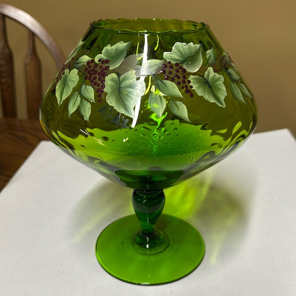 Green Glass Empoli Hand Blown Footed Bowl snifter hand painted by Ada Filutze